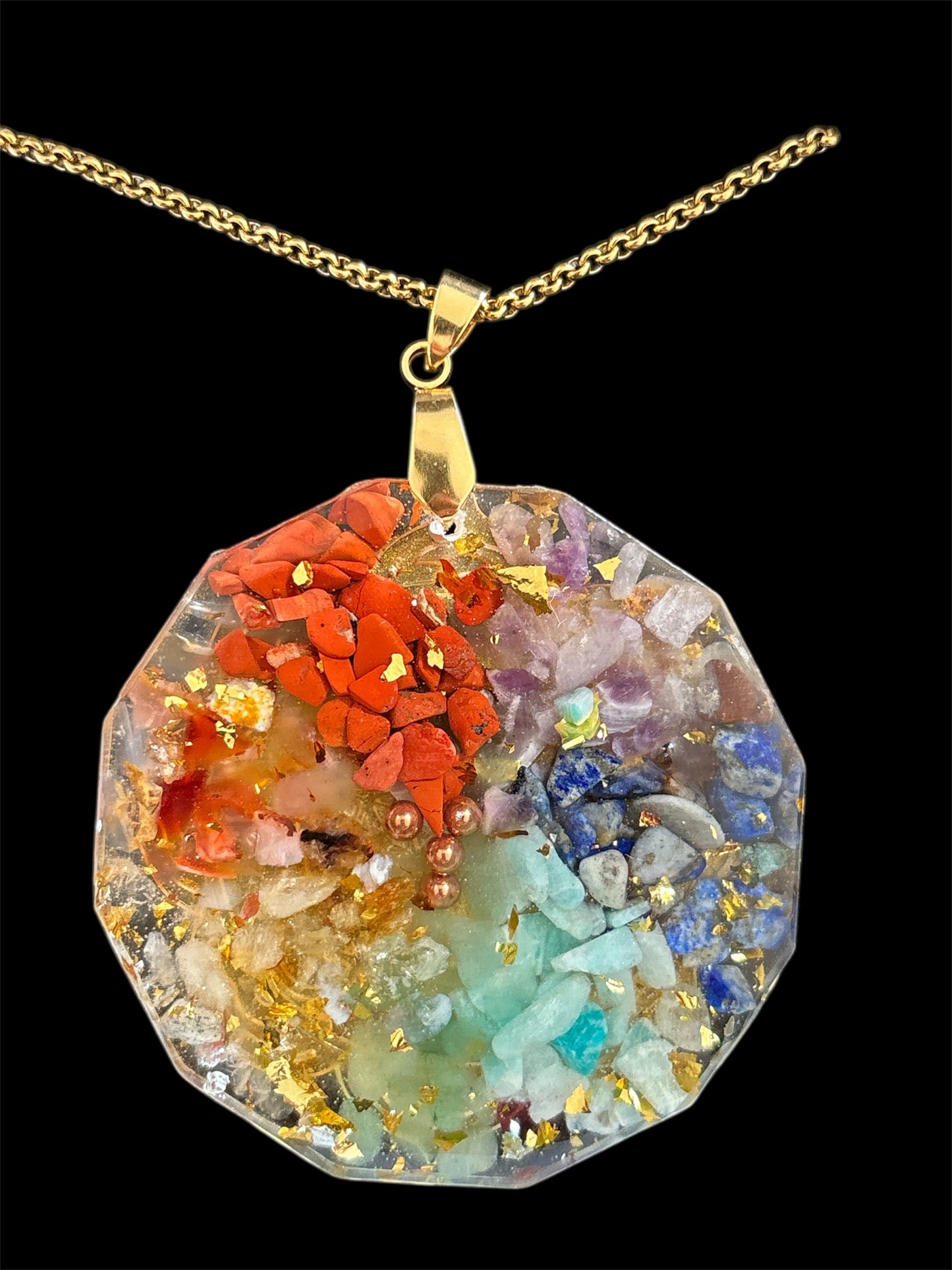 Pendentif en Orgonite 7 chakras, cube de Métatron et chaîne en acier inoxydable