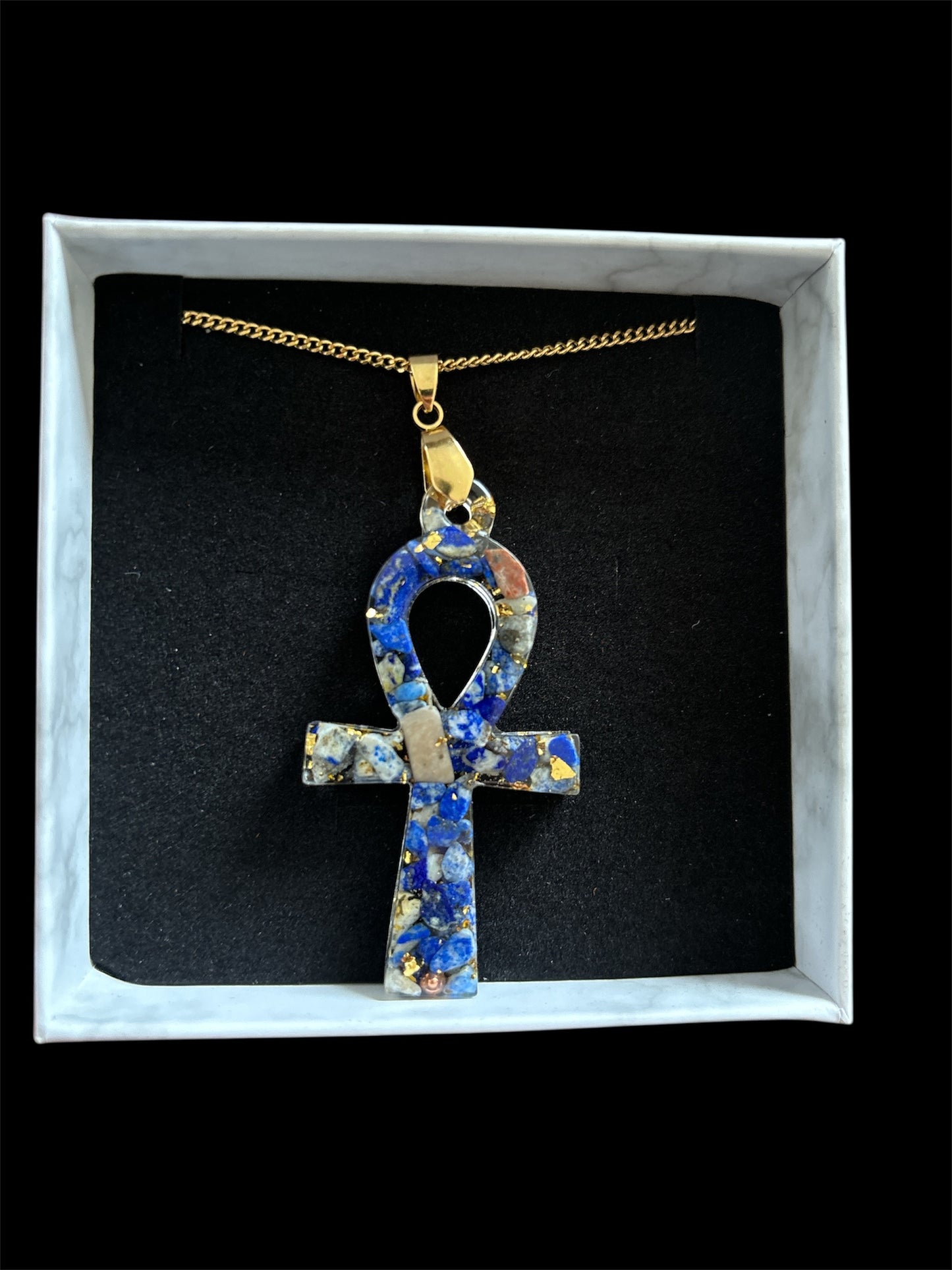 Pendentif en Orgonite Lapis-lazuli « croix de Ankh » et chaîne en acier inoxydable