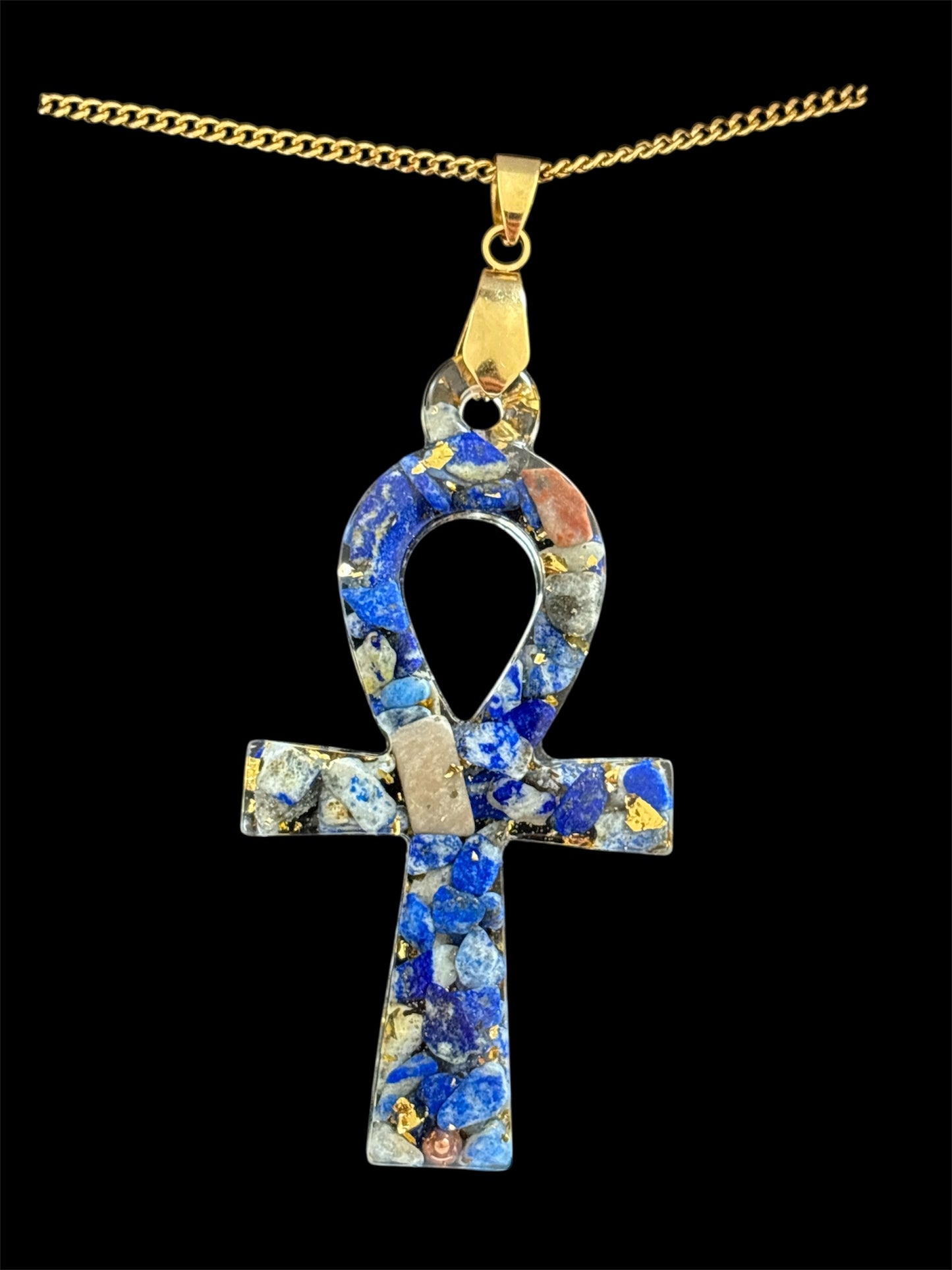 Pendentif en Orgonite Lapis-lazuli « croix de Ankh » et chaîne en acier inoxydable